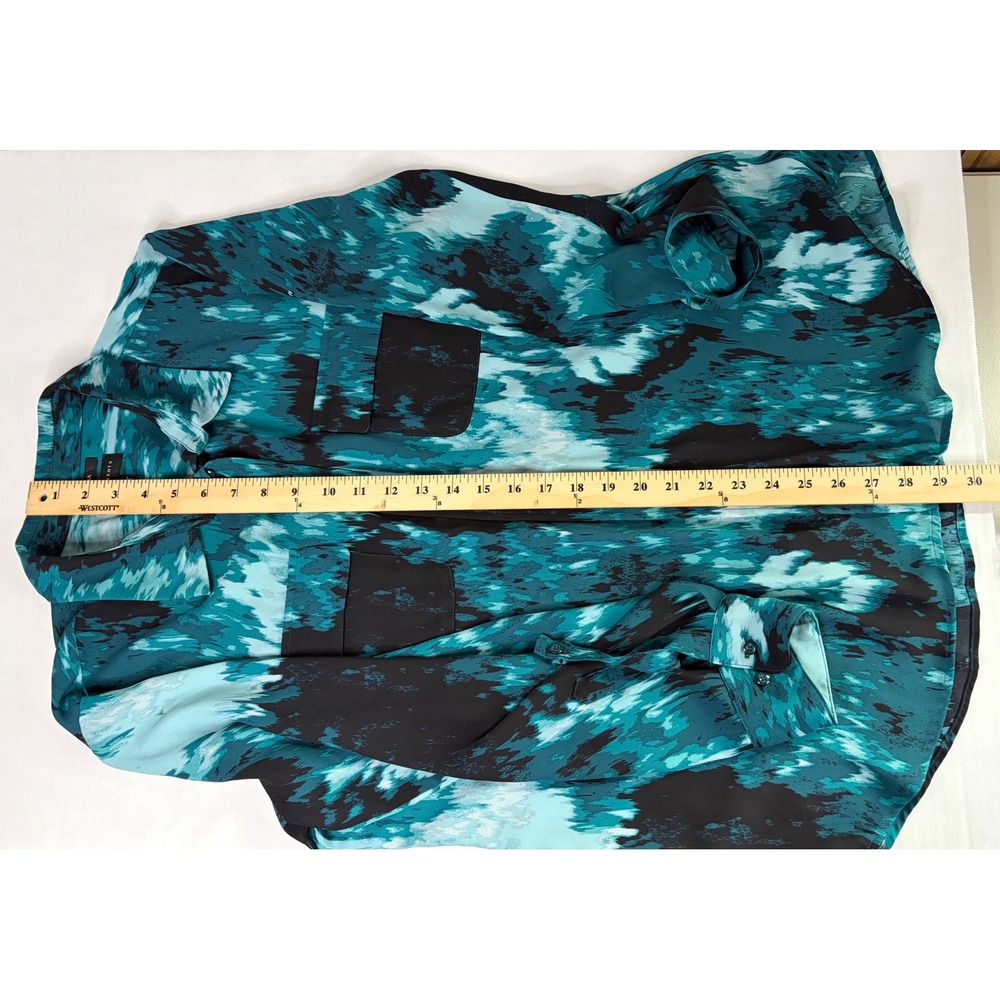 Olivia Investments Teal Black Abstract Print Roll Tab Button Down Blouse Large - Picture 7 of 11